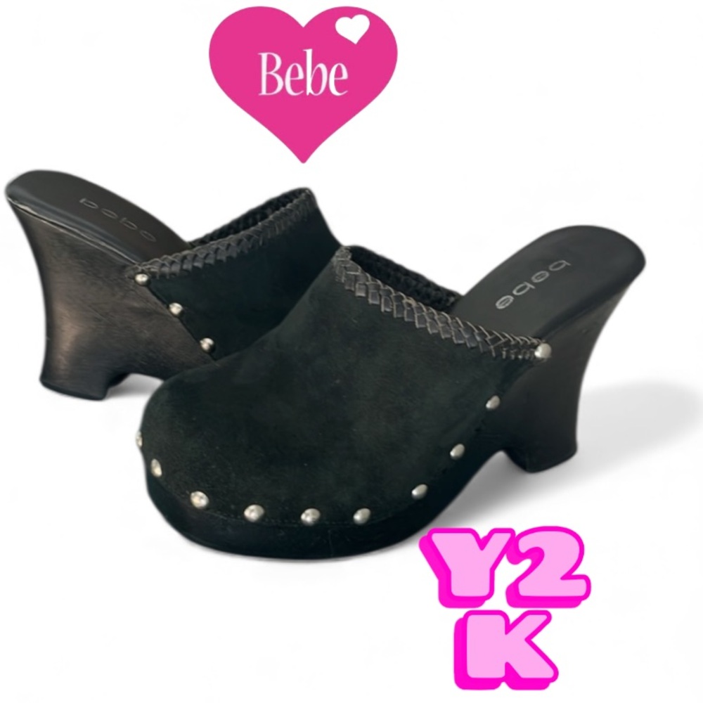 Bebe Rare Vintage Leather Studded Wood Clogs Y2K